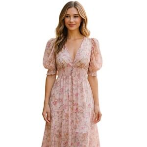 L.I.F.E. Floral Midi Dress Sheer Puff Sleeve Smocked Waist Pink Size S‎